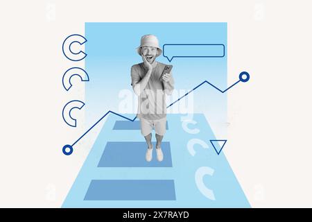 Collage d'illustration composite de la couleur bleue interface stats diagramme page Web chef de projet jeune homme choqué tenir téléphone à main obtenir un message sms Banque D'Images