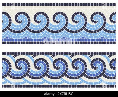 Frontière en mosaïque sans couture avec des vagues de mer dans le style portugais, carrelage décoratif avec ornement grec bouclé, vecteur Illustration de Vecteur