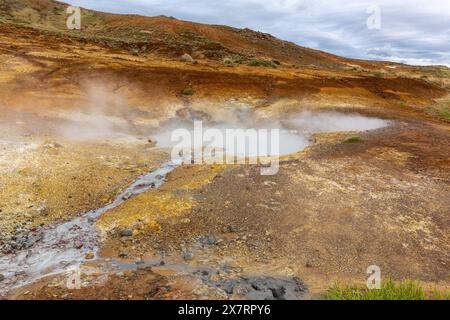 Zone géothermique de Seltun à Krysuvik, paysage avec des sources chaudes fumantes et des couleurs orange de sol soufré, Islande. Banque D'Images