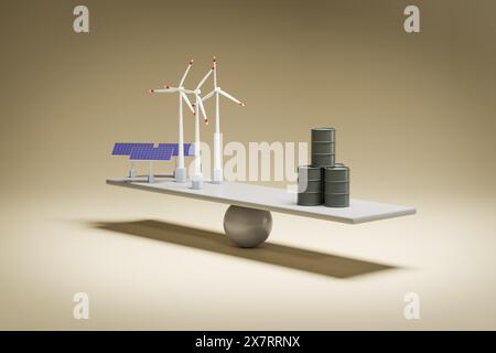 Concept d'énergie renouvelable versus énergie fossile. Panneaux solaires et éoliennes en équilibre contre les barils de pétrole. Arrière-plan transparent Banque D'Images