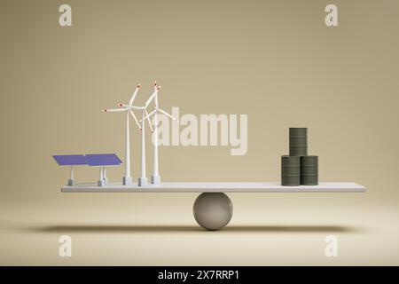 Concept d'énergie renouvelable versus énergie fossile. Panneaux solaires et éoliennes en équilibre contre les barils de pétrole. Arrière-plan transparent Banque D'Images