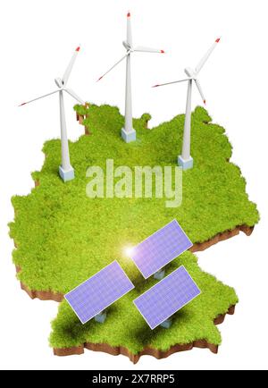 Energie renouvelable avec panneaux solaires et éoliennes en Allemagne concept. Zone d'herbe avec le sol ci-dessous sous la forme de l'Allemagne avec des panneaux solaires ajoutés et Banque D'Images