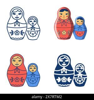 Icône de poupée imbriquée Matryoshka définie dans un style plat et ligne. Jouet national russe. Illustration vectorielle. Illustration de Vecteur