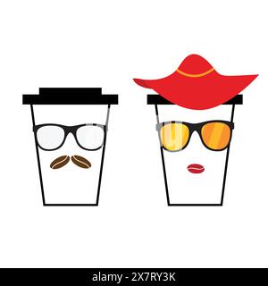 Deux gobelets en papier avec des visages homme et femme Illustration de Vecteur