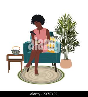 Femme noire assise dans une chaise avec un téléphone portable. Illustration de Vecteur