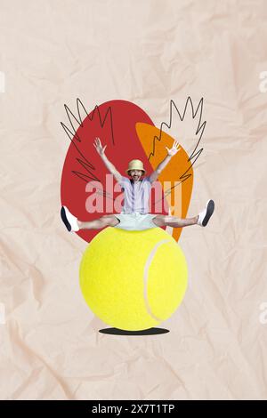 Image créative rétro 3d de collage magazine de gars excité assis grande balle de tennis isolé fond coloré Banque D'Images