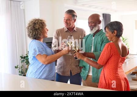 Groupe d'amis d'âge mûr à la maison se relaxant avec du vin et de la bière à Drinks Party ensemble Banque D'Images