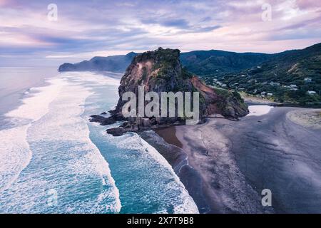 Vue aérienne du magnifique Lion Rock emblématique et vague de rupture sur la plage de Piha dans la soirée sur la côte ouest d'Auckland, Nouvelle-Zélande Banque D'Images