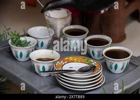 Des grains de café fraîchement torréfiés, un mortier et un pilon avec du jebena et de la fumée d'encens créent une configuration traditionnelle de cérémonie du café éthiopien Banque D'Images