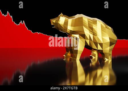 Ours doré devant un graphique linéaire rouge déclinant sur fond noir réfléchissant. Illustration de la chute des cours des actions, de la récession et du marché baissier Banque D'Images