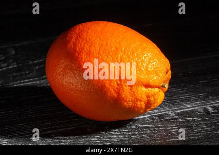 oranges blondes ovales calabriennes sur fond de bois noir Banque D'Images