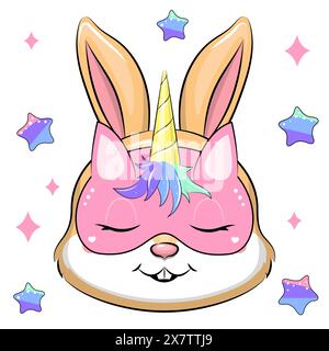 Un joli lapin de dessin animé orne d'un masque de licorne. Illustration vectorielle d'un animal sur un fond blanc avec des étoiles. Illustration de Vecteur