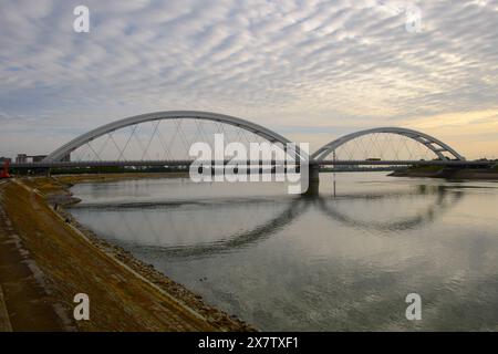 Lumière du matin sur le pont ZeZelj sur le Danube à Novi Sad, Voïvodine, Serbie. Le pont a été détruit lors du bombardement de la Yougoslavie par l'OTAN en 1999 Banque D'Images