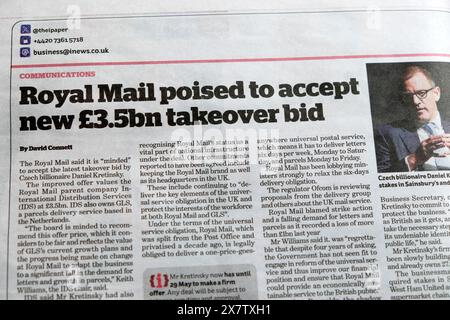 « Royal mail posait pour accepter une nouvelle offre publique d'achat de 3,5 milliards de livres sterling » i titre du journal article commercial 16 mai 2024 Londres Angleterre Royaume-Uni Banque D'Images