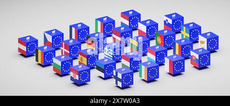 Elections in Europe concept. 27 urnes avec le drapeau de l'Union européenne et les drapeaux des 27 pays membres un bulletin de vote dans chaque créneau. Extensible Banque D'Images