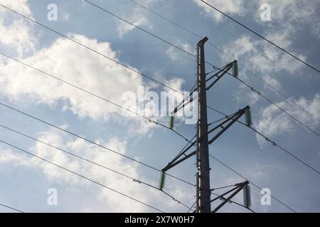 Lignes électriques et un pylône sur un fond de ciel nuageux. Gros plan. Banque D'Images