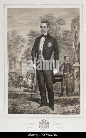 Victor-Emmanuel II (1820-1878) Dernier roi du Royaume de Sardaigne (1849-1861) et premier roi d'Italie (1861-1878). Portrait en roi de Sardaigne. Dessin de B. Blanco. Lithographie de J. Donón. Reyes Contemporáneos (Rois contemporains). Volume III publié à Madrid, 1854. Banque D'Images