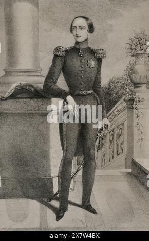 Léopold II de Belgique (1835-1909), dont le nom de naissance était Léopold Louis Philippe Maria Victor de Saxe-Cobourg-Gotha. Roi de Belgique (1865-1909). Portrait aussi jeune, héritier du trône. Dessin de C. Legrand. Lithographie. Reyes Contemporáneos (Rois contemporains). Volume III publié à Madrid, 1854. Banque D'Images