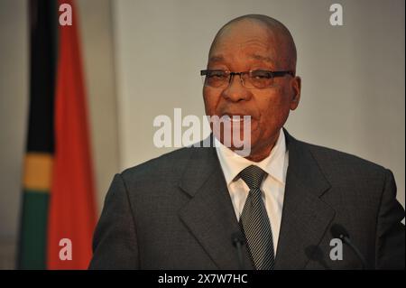 5 mai 2011 - le président Jacob Zuma prononce une conférence de presse au Parlement du Cap. Crédit photo : Eric Miller / african.Pictures Banque D'Images