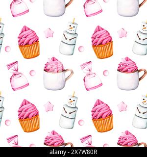 Cupcake à la crème rose et blanche. Motif sans couture. Tasse à boisson chaude avec crème fouettée. Dessert sucré muffin et bonhomme de neige à la guimauve. Aquarelle Banque D'Images