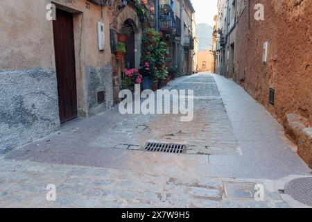 05-10-2024, Prades, Espagne : Rue avec portail décoré de plantes et de fleurs Banque D'Images