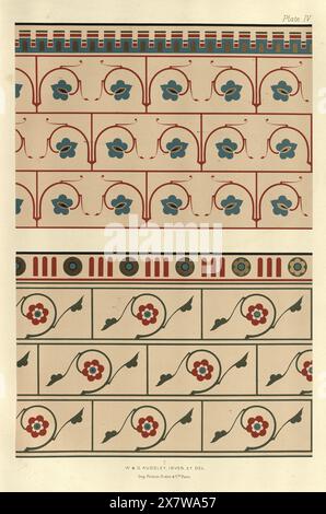 Motifs floraux élaborés, art décoratif victorien et design, gravure, décoration polychromatique dans le style médiéval, W & G Audsley, planche 4 Banque D'Images