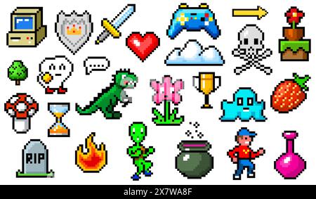 Objets Pixel art 8 bits. Ressources de jeu rétro. Ensemble d'icônes. Arcades vidéo d'ordinateur vintage. Personnages et pièces, trophée du gagnant. Illustration vectorielle. Illustration de Vecteur