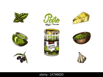 Kit de sauce pesto. Feuilles de basilic, ail, pignons, parmesan, huile d'olive, pesto alla genovese. Condiment épicé, bouteille de verre, cuillère en bois ou Illustration de Vecteur