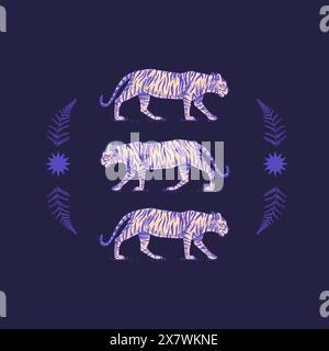 tigres japonais abstraits. Imprimé d'art moderne avec tigres, soleil abstrait et plantes. Illustration vectorielle dans un style contemporain à la mode pour tissu, mur Illustration de Vecteur