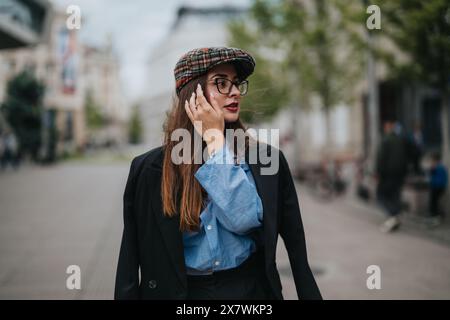 Femme confiante dans une tenue élégante marchant dans un cadre urbain portant un chapeau et des lunettes Banque D'Images