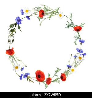 Couronne de belles fleurs sauvages isolées sur blanc Banque D'Images