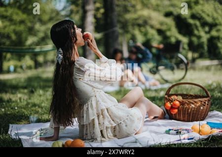 Jeune femme appréciant des fruits frais pendant le pique-nique dans le parc ensoleillé Banque D'Images