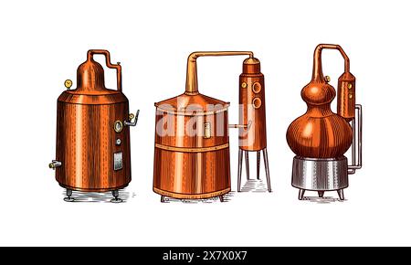 Alcool distillé. Dispositif de préparation de la tequila, du cognac et des spiritueux. Dessin vintage gravé à la main. Style de coupe de bois. Illustration vectorielle du menu Illustration de Vecteur