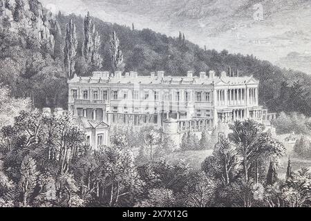 Vue du palais sur le domaine Oreanda en Crimée. gravure du xixe siècle. Banque D'Images