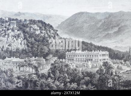 Vue du palais sur le domaine Oreanda en Crimée. gravure du xixe siècle. Banque D'Images