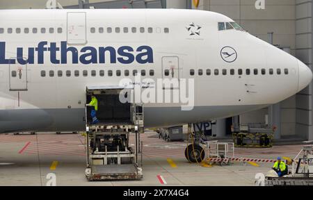 Personnel au sol chargé du fret aérien dans un Boeing 747 avant le départ, aéroport DE Francfort DE Banque D'Images