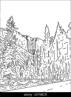 Illustration monoligne de la chute de Bridalveil dans la vallée de Yosemite dans le parc national de Yosemite, États-Unis d'Amérique fait en monoline art ligne Illustration de Vecteur