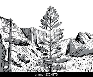 Dessin de style BD illustration de la vue de Wawona tunnel vista d'El Capitan, Half Dome, et de la chute de Bridalveil de Yosemite Valley dans Yosemite Nationa Illustration de Vecteur