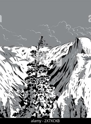 Dessin de style BD illustration de Half Dome vue du tunnel Wawona dans la vallée de Yosemite dans le parc national de Yosemite, USA fait en noir et blanc Illustration de Vecteur