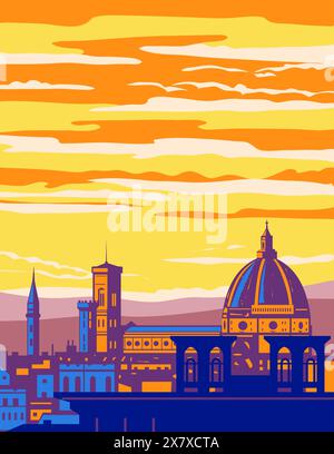 Affiche de Florence avec le dôme de Brunelleschi, la nef et le Campanile de Giotto de la Cattedrale di Santa Maria del Fiore, vue de Michelang Illustration de Vecteur