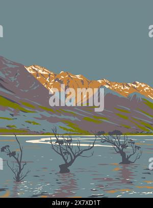 L'art de l'affiche WPA du lac Wakatipu vu de Glenorchy dans la région d'Otago, dans l'île du Sud, en Nouvelle-Zélande, fait en travaux administration de projet o Illustration de Vecteur