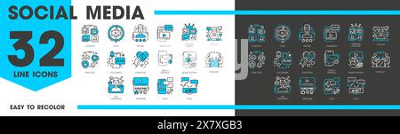 Icônes de ligne de blogging, contenu de médias sociaux, streaming en direct et vlogging, symboles vectoriels. Icônes de médias sociaux des abonnés blogueurs, contenu vidéo pour don et monétisation, podcast numérique et chat Illustration de Vecteur