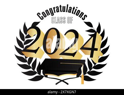 Classe noire et or du modèle de conception de graduation 2024 sur blanc. Invitation de fête vintage, événement de félicitations, carte de voeux. Vector lycée ou Illustration de Vecteur