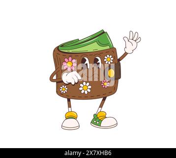Dessin animé rétro groovy portefeuille porte-monnaie personnage agitant la main. Personnage de poche anthropomorphique de style hippie isolé avec motif floral vibrant, yeux larges, sourire amical joyeux et fermoir à boutons Illustration de Vecteur