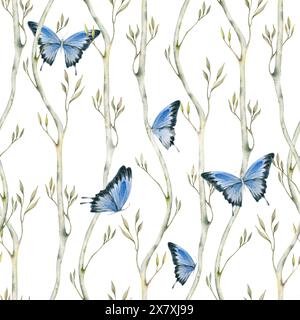 Motif sans couture. Papillons bleus sur des branches vertes avec des feuilles élégantes. Illustration aquarelle isolée sur fond blanc. Botanique dessiné à la main Banque D'Images