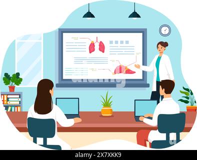 École de médecine illustration vectorielle avec des étudiants écoutant une conférence et l'apprentissage de la science dans une salle de classe dans un fond de style dessin animé plat Illustration de Vecteur