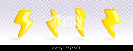 Ensemble 3D de boulons de foudre isolés sur fond transparent. Illustration réaliste vectorielle du signe jaune de décharge d'énergie électrique, symbole de puissance de batterie, danger de tension électrique, prévisions météorologiques Illustration de Vecteur
