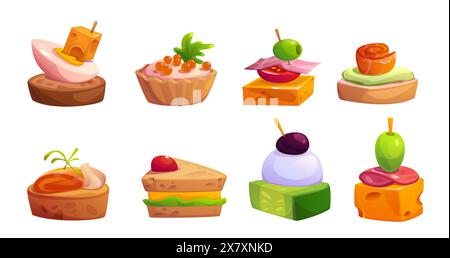 Buffet amuse-gueule - canapés et sandwichs, bruschetta et tartelettes. Ensemble d'illustration vectorielle de dessins animés de petites collations froides pour le banquet avec du pain et du fromage, de l'olive et du jambon, des légumes et du poisson. Illustration de Vecteur