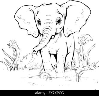 Éléphant jouant dans la page de coloration de l'eau pour les enfants Illustration de Vecteur