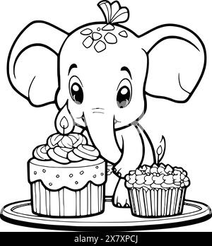 Éléphant avec gâteau d'anniversaire Coloriage page pour les enfants Illustration de Vecteur